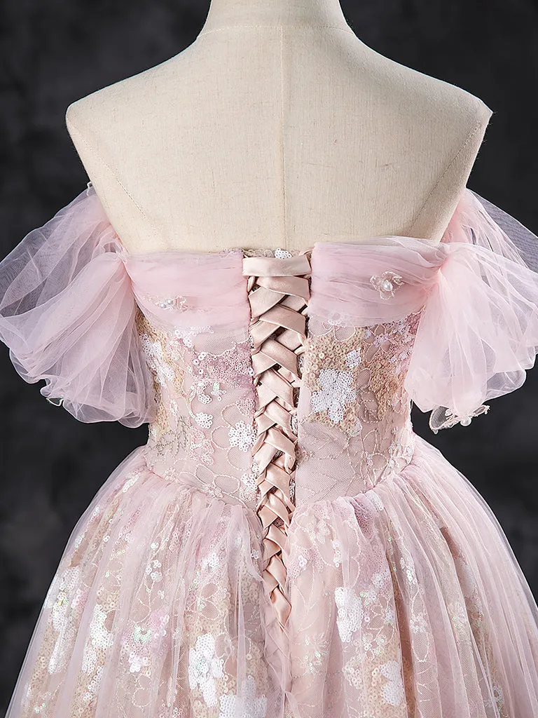 A-Line Off Shoulder Tulle Lace Pink Long Prom Dress, Lace Formal Dress