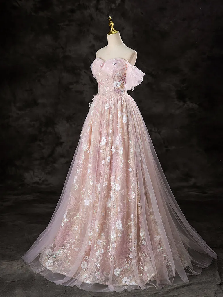 A-Line Off Shoulder Tulle Lace Pink Long Prom Dress, Lace Formal Dress