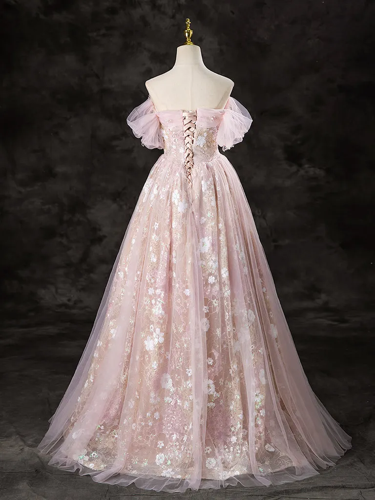 A-Line Off Shoulder Tulle Lace Pink Long Prom Dress, Lace Formal Dress
