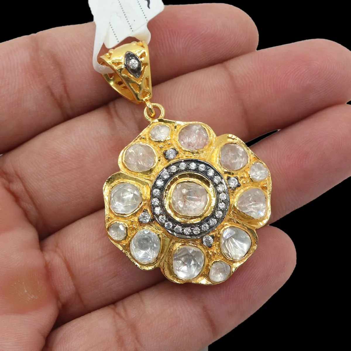 Handmade 925 sterling silver jadau pendant, polki and cz pendant, gold plated silver polki with zircon pendant locket